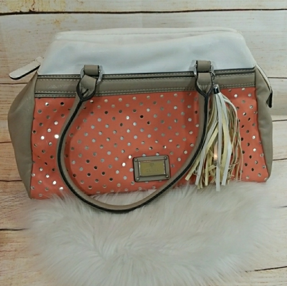 Guess handbag shoulder bag white & coral fringe